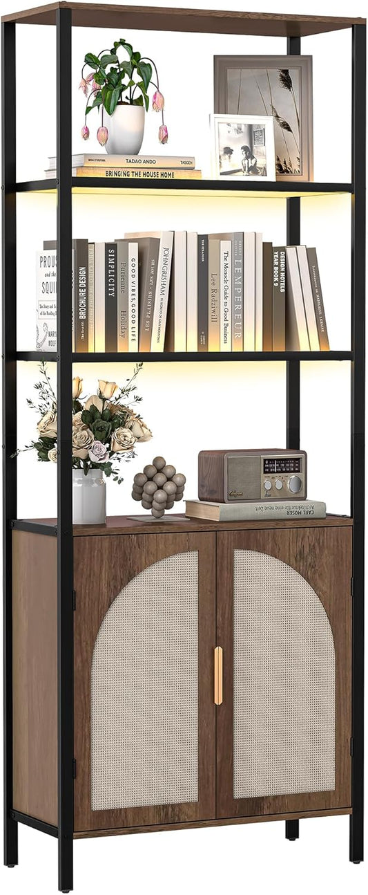 Bookshelf with Rattan Doors, 71" Tall Bookcase with Light and Adjustable Shelf, 5 Tier Book Shelf Storage Organizer for Bedroom, Living Room and Home Office