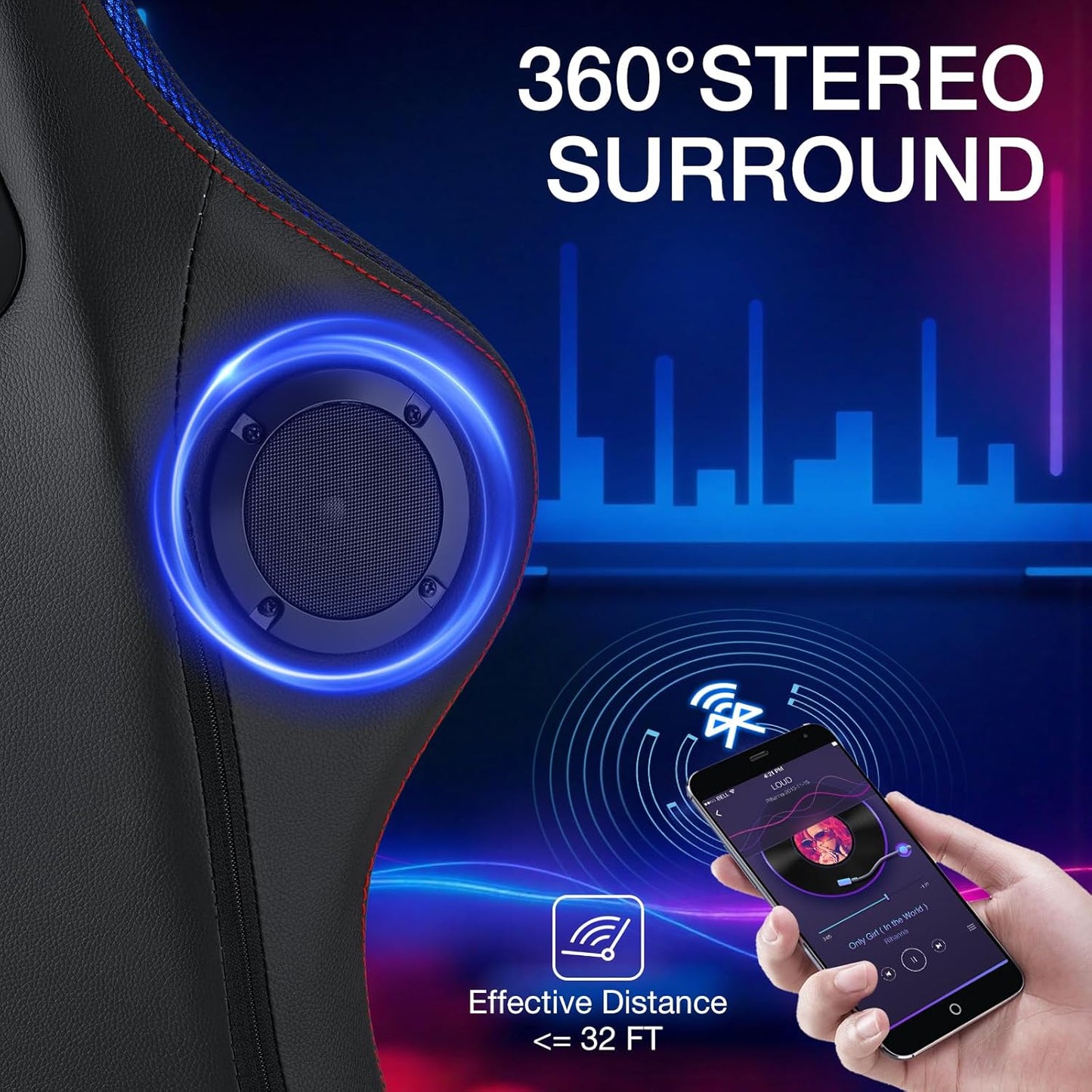 HOFFREE Gaming Chair with Music Rhythm RGB LED Lights and Bluetooth Speakers Ergonomic Massage Computer Gaming Chair with Footrest Video Game Chair High Back with Lumbar Support Red and Black