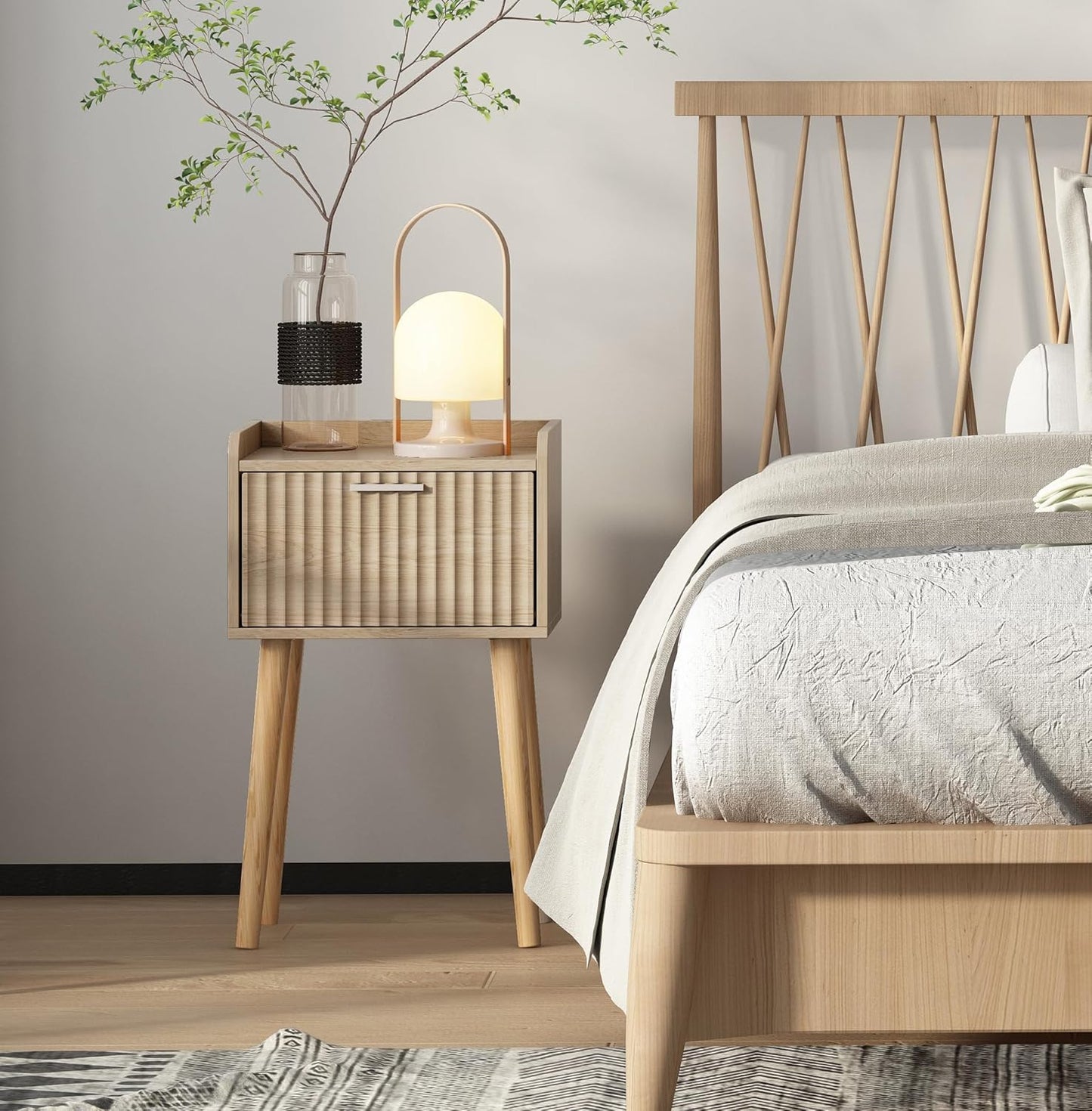 LAATOOREE Nightstand Set of 2, Small Bed Side Table with Fluted Door, End Table with Solid Wood Legs, Mid-Century Bedside Table for Bedroom Small Space