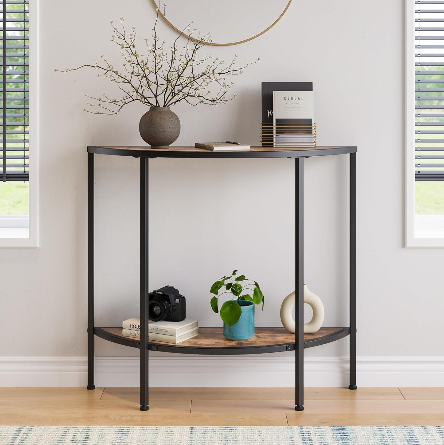 Entryway Table with Storage,Narrow Console Table for Living Room Coffee Table 2-Tier Half Moon Sofa Table,Small Entry Table,Hallway Side Table with Metal Frame,Rustic Brown and Black