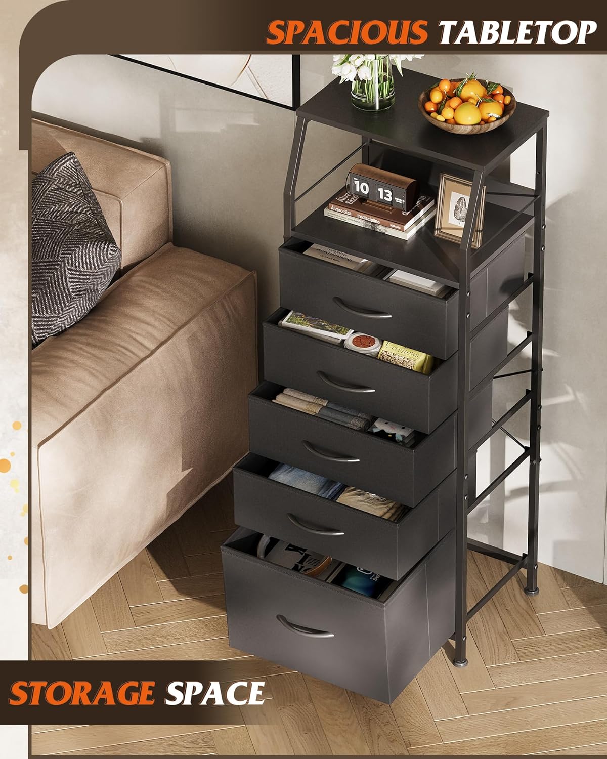 WLIVE Black Fabric Dresser for Bedroom, Tall Nightstand with 5 Drawers & 2 Open Shelves, Modern Night Stand Organizer, Sturdy Steel Frame Bedside Table