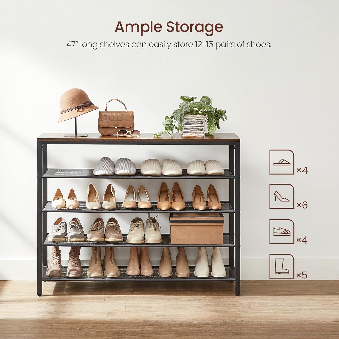 VASAGLE 5 Tier Shoe Rack for Closet, Entryway, 20-25 Pairs of Shoes, Large Shoe Organizer with 4 Metal Mesh Shelves, 11.8 x 47.2 x 36.4 Inches, Rustic Brown and Black ULBS205B01