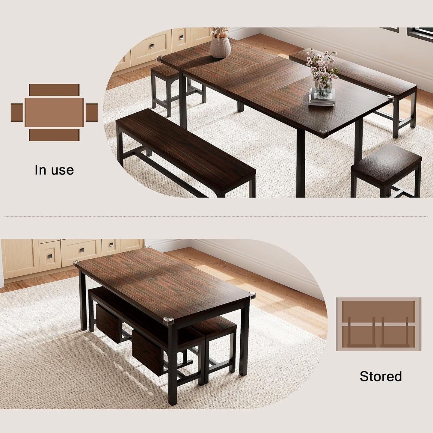 5 Pieces Dining Room Table Set for 4-6, 63' Extendable Kitchen Table Set with 2 Benches & 2 Stools, Small Dining Table Set with Metal Frame & MDF Board, Espresso