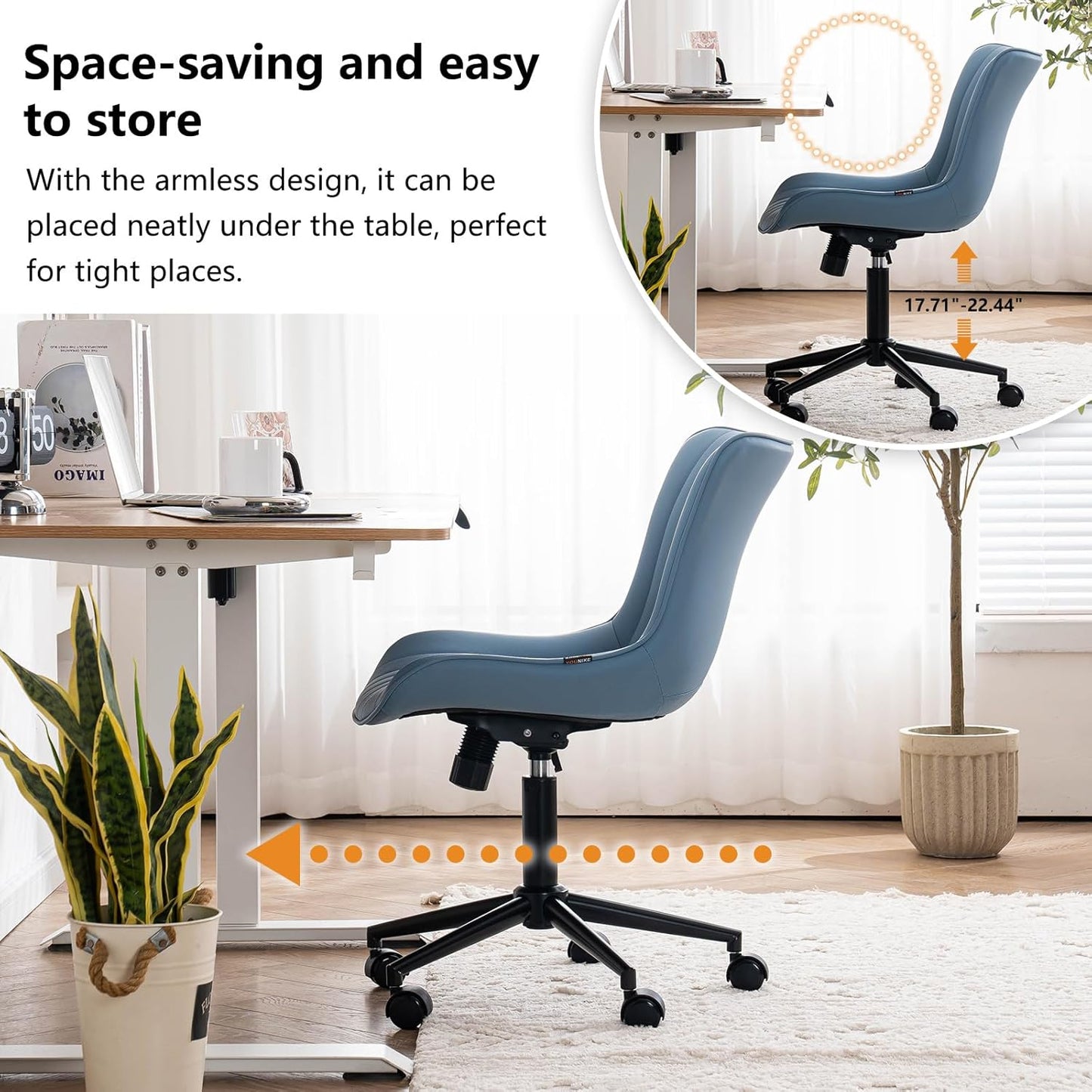 YOUNIKE Blue Home Office Desk Chair with Wheels Compact Comfy Armless Vanity Chair with Back Modern Small Leather Upholstered Rolling Task Chair Cute Computer Drafting Sewing Chair Swivel Adjustable