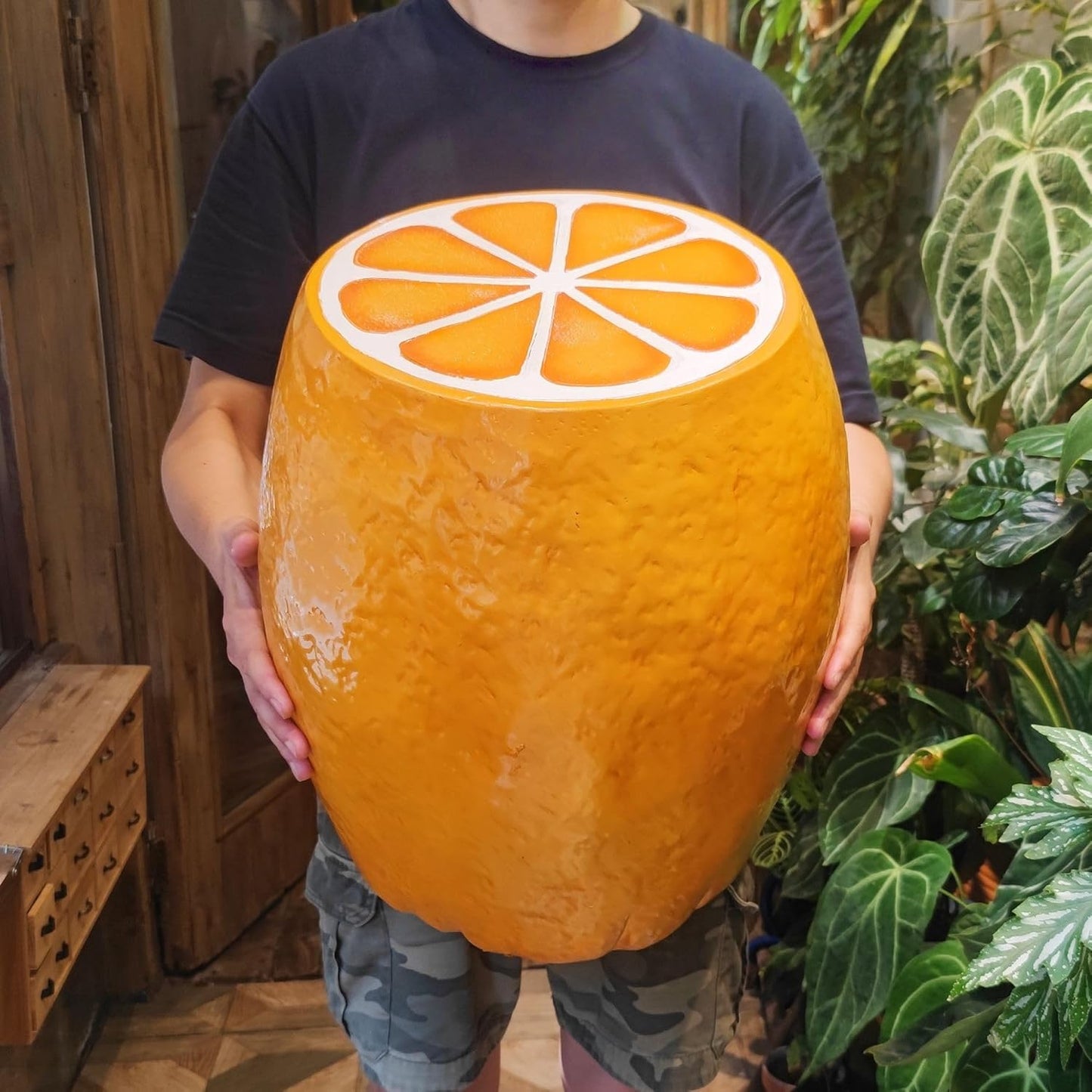 18" Orange Shaped Fruit-Inspired Side Table Orange Statue Indoor Outdoor Accent Seat Plant Stand MGO Garden Stool for Patio Balcony or Living Room Decor