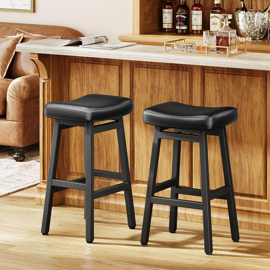 29 Inches Bar Stools Set of 2, Bar Height Barstools for Home Counter, Blackless Barstool with Bonded Leather Saddle Seats & Heavy Duty Metal Legs, Easy Assembly, All Black