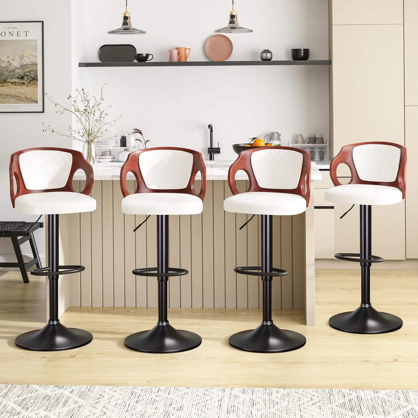 VECELO Bar Stool Set of 4, Kitchen Island Stools with Bentwood Back,Arm&Footrest,Island Chairs Adjustable Height PU Leather Cushion Seat,360°Swivel Stools for Kitchen Counter,Club Pub,Pearl White