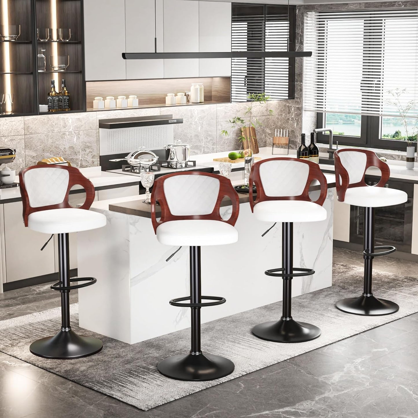VECELO Bar Stool Set of 4, Kitchen Island Stools with Bentwood Back,Arm&Footrest,Island Chairs Adjustable Height PU Leather Cushion Seat,360°Swivel Stools for Kitchen Counter,Club Pub,Pearl White
