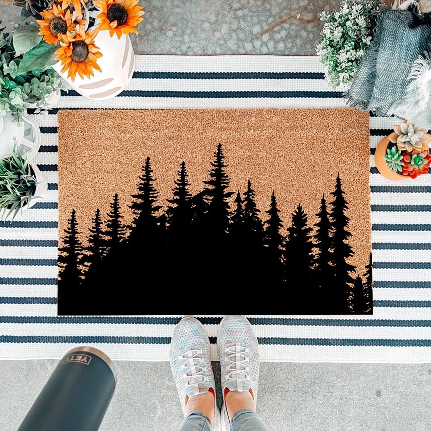 Funny Coir Doormat Tree Line Forest Landscape Front Door Mats Entryway Outdoor Mat with Heavy Duty Front Porch Welcome Mats Entry Natural Coir Brown Prank Novelty Gift Outdoor Mat 23.7x15.7 inch