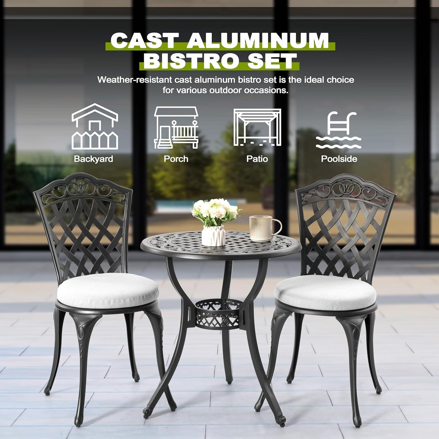 NUU GARDEN 3-Piece Patio Bistro Set Outdoor Cast Aluminum Bistro Table and Chairs Set of 2, Outdoor Patio Bistro Set with Umbrella Hole and Gray Cushions for Patio Balcony, Black