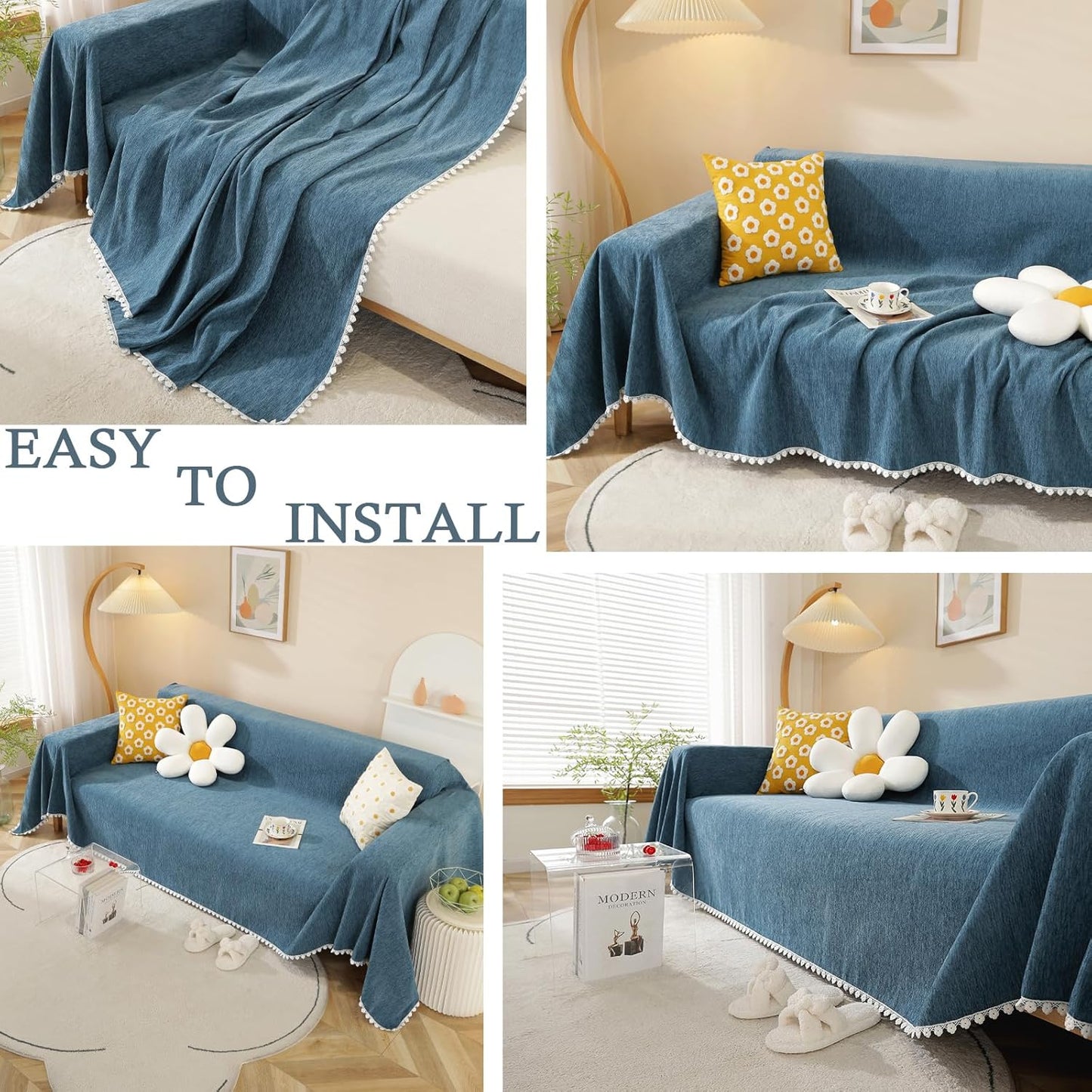 HANDONTIME Loveseat Cover Navy Blue Couch Covers Easy Fitted Sofa Covers for 3 Cushion Couch Universal Sofa Cover Durable Furniture Protector with Lace Sofa Throw Cover for Kids Dogs Pets, 71" X118"