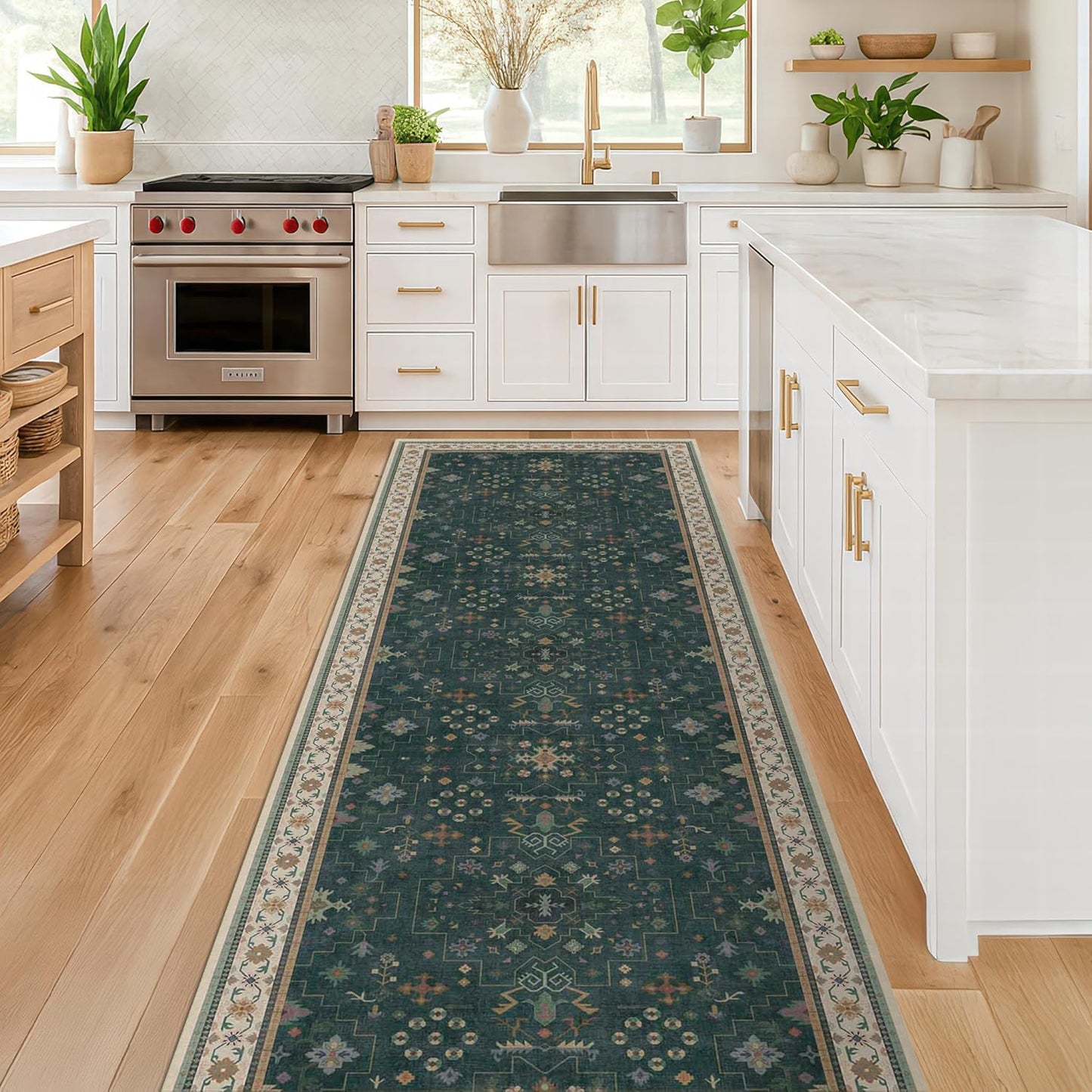 Dark Green 2x7 Kitchen Rug - Modern Vintage Boho Eclectic Floral Pastel, Washable Low Pile Non-Slip Long Runner Rugs for Hallway, Bedroom