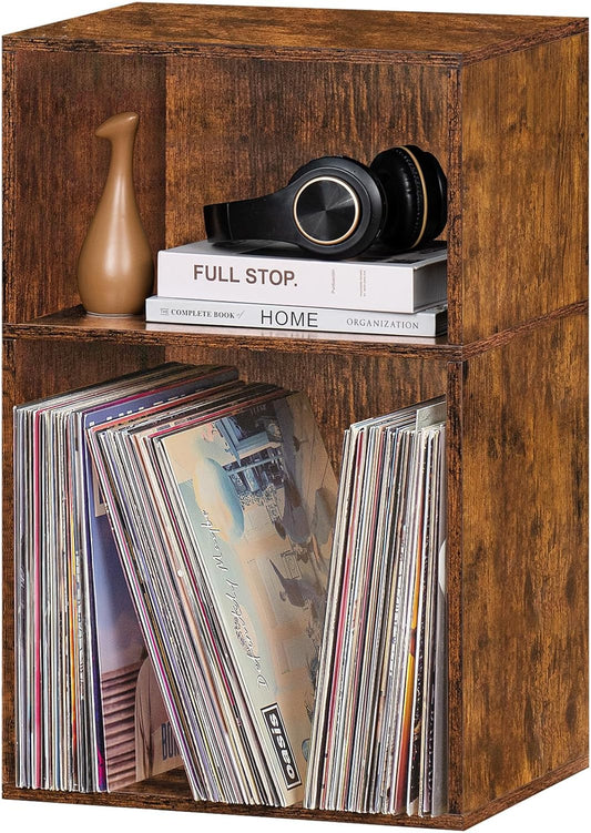 LEYAOYAO 2 Cube Bookshelf,Brown Record Player Stand Holds up to 100 Albums, Mini Wood Book Shelf Storage Organizer,Turntable Stand with Vinyl Storage Cabinet, Narrow Open Bookcase for Small Spaces