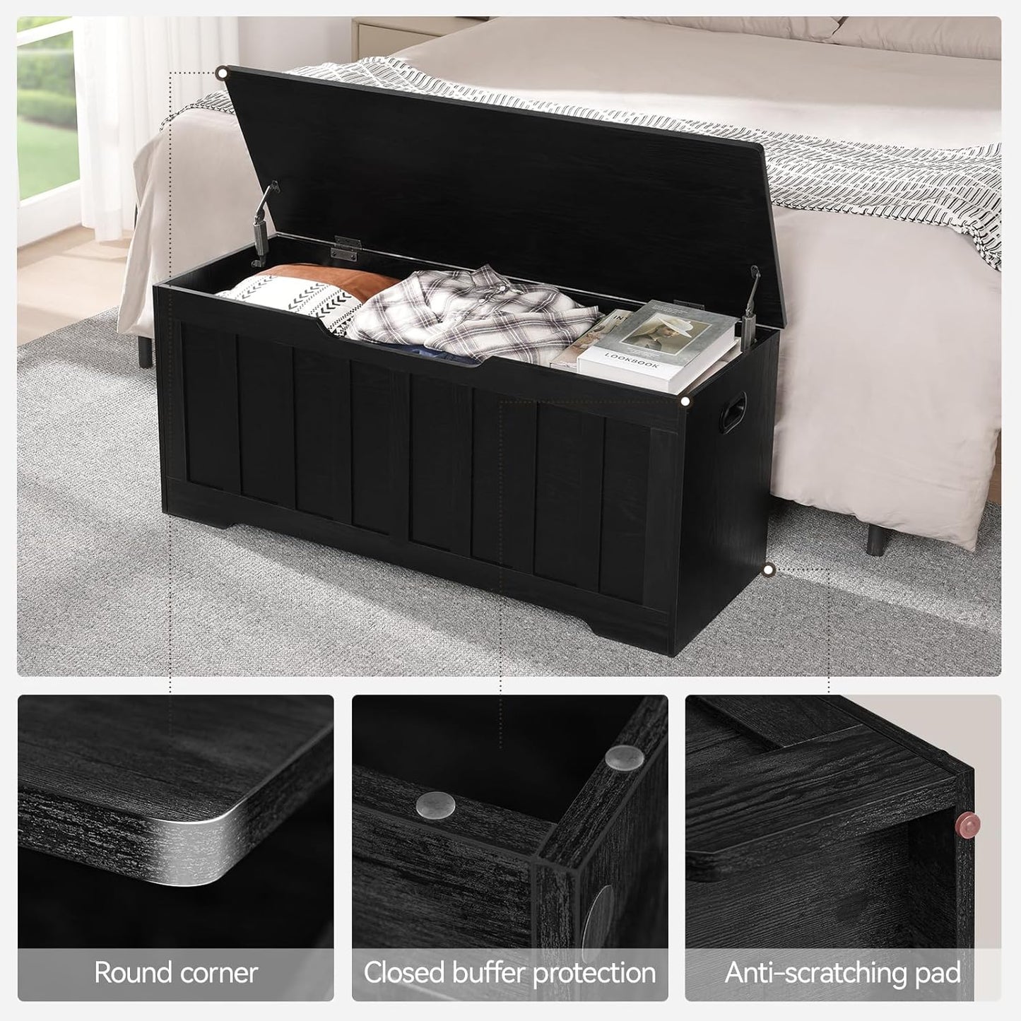 43.3" Storage Chest Extra Large,Storage Trunk with 2 Safety Hinges,Wooden Storage Bench,Shoe Bench,43.3x15.7x19.1 Inch,Easy Assembly,Storage Bench for Bedroom,Living Room,entryway(Black).
