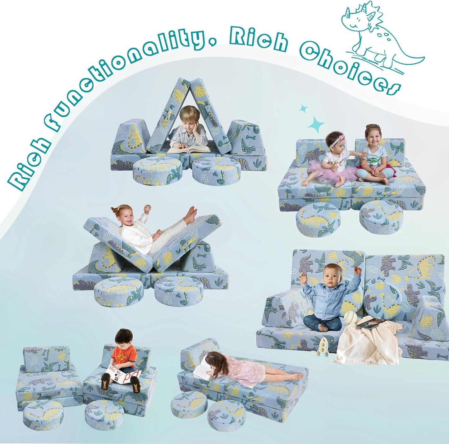 MeMoreCool Modular Glow Sofa for Kids, 8-Piece Convertible Foam Couch Play Set with Glowing Dinosaur Design for Toddlers and Playroom