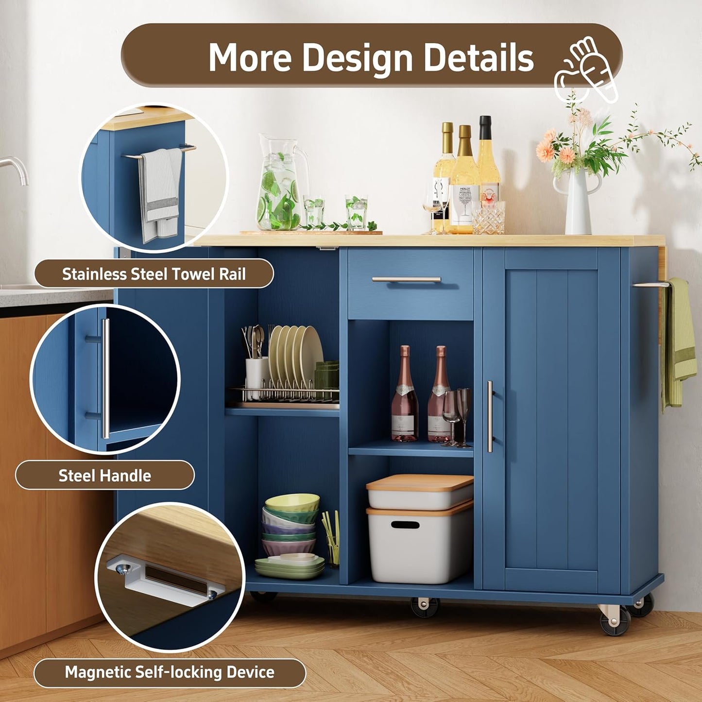 Shintenchi Kitchen Island with Storage, Bar Cart Cabinet Island Table on Wheels, Rolling Microwave Cart for Kitchen with Drop Leaf, Drawers, Towel Rack, Seating Area for Dining Room, Blue