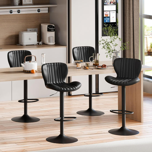 Shintenchi Bar Stools Set of 4 Modern Swivel Bar Chairs, Counter Height Faux Leather Metal Barstools, Upholstered Island Chairs with Back and Footrest, Black