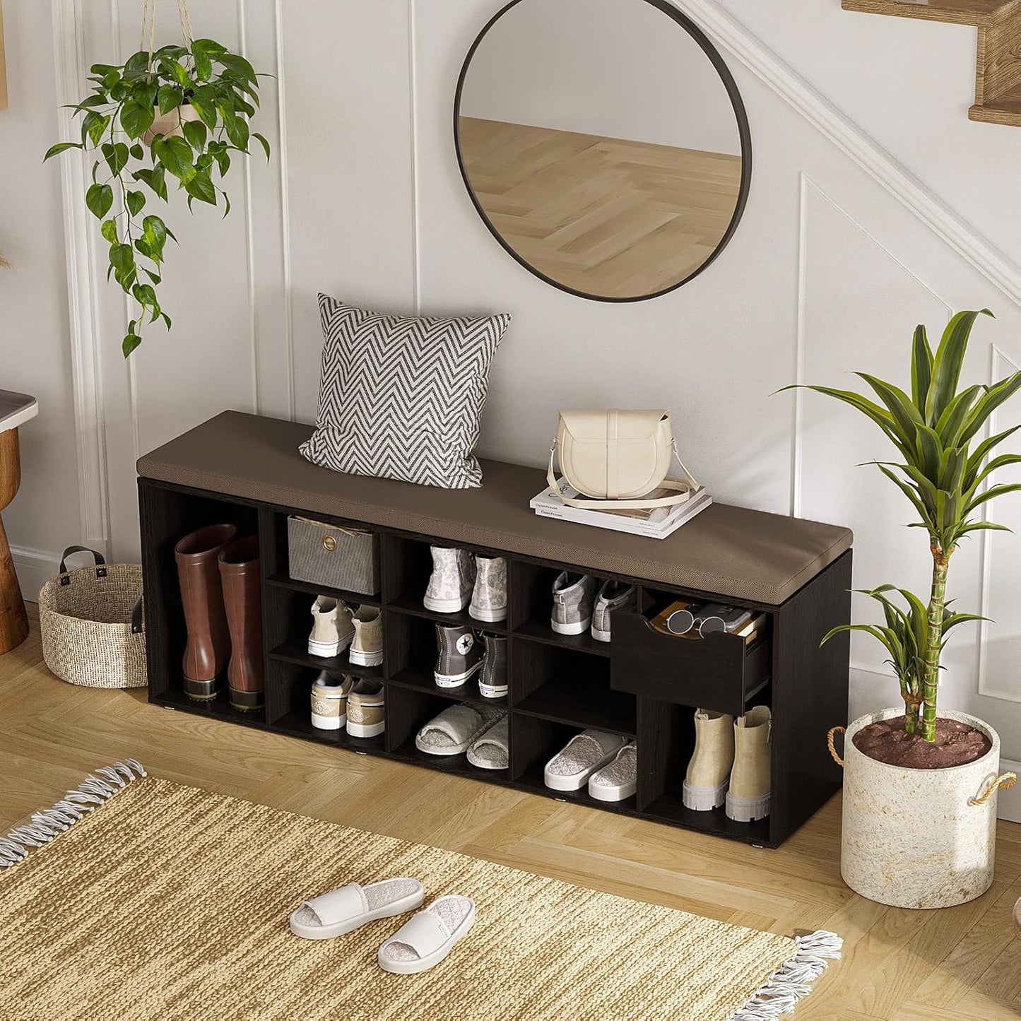 DINZI LVJ Shoe Bench, Entryway Storage Bench with Drawer and 14 Cubbies, Long Cubby Shoe Rack with Adjustable Shelves, Organizer for Living Room, Bedroom, Mudroom, Garage, Espresso