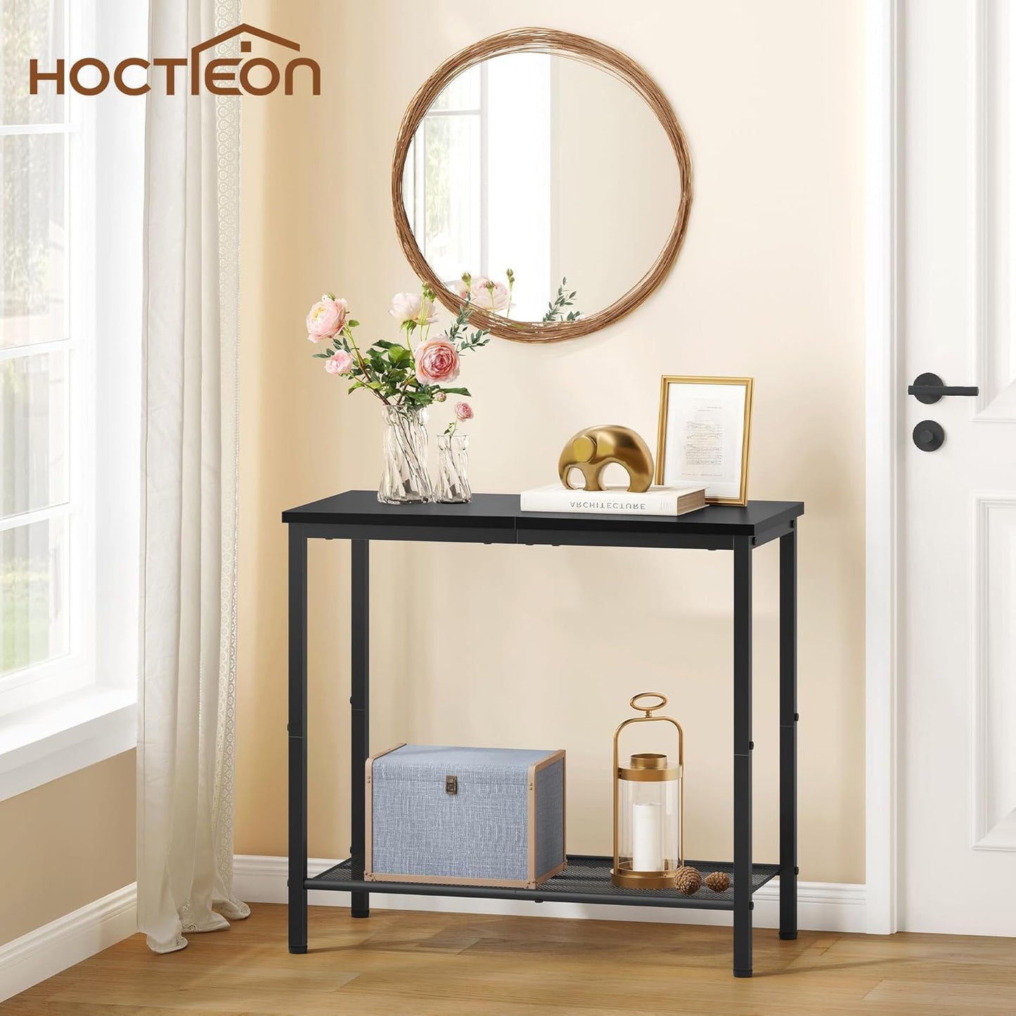 Hoctieon 2 Tier End Table, Sofa Side Table, Narrow Side Table with Storage, Slim Nightstand for Small Spaces, Metal Frame, for Living Room, Bedroom, Sofa Couch, Hall, Black