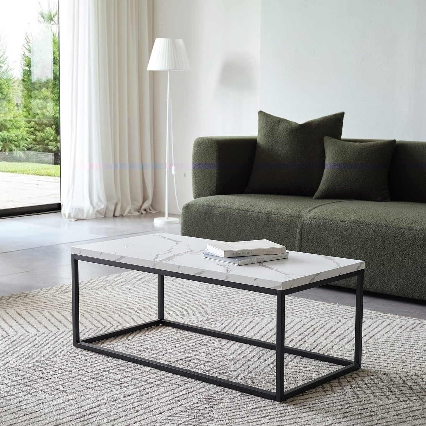 CENSI 40-Inch Marble Accent Coffee Table Ottoman for Living Room, Rectangle, Mid-Century Modern Industrial Style, Extra Thick Top, Wood and Metal (White Marble)