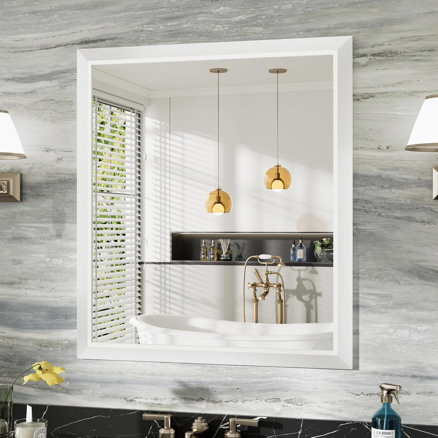 36x32 Inch White Bathroom Mirror for Wall, Thick Metal Framed Rectangle Mirrors for Over Sink, Bedroom, Living Room, Entryway, Anti-Rust, HD Tempered Glass