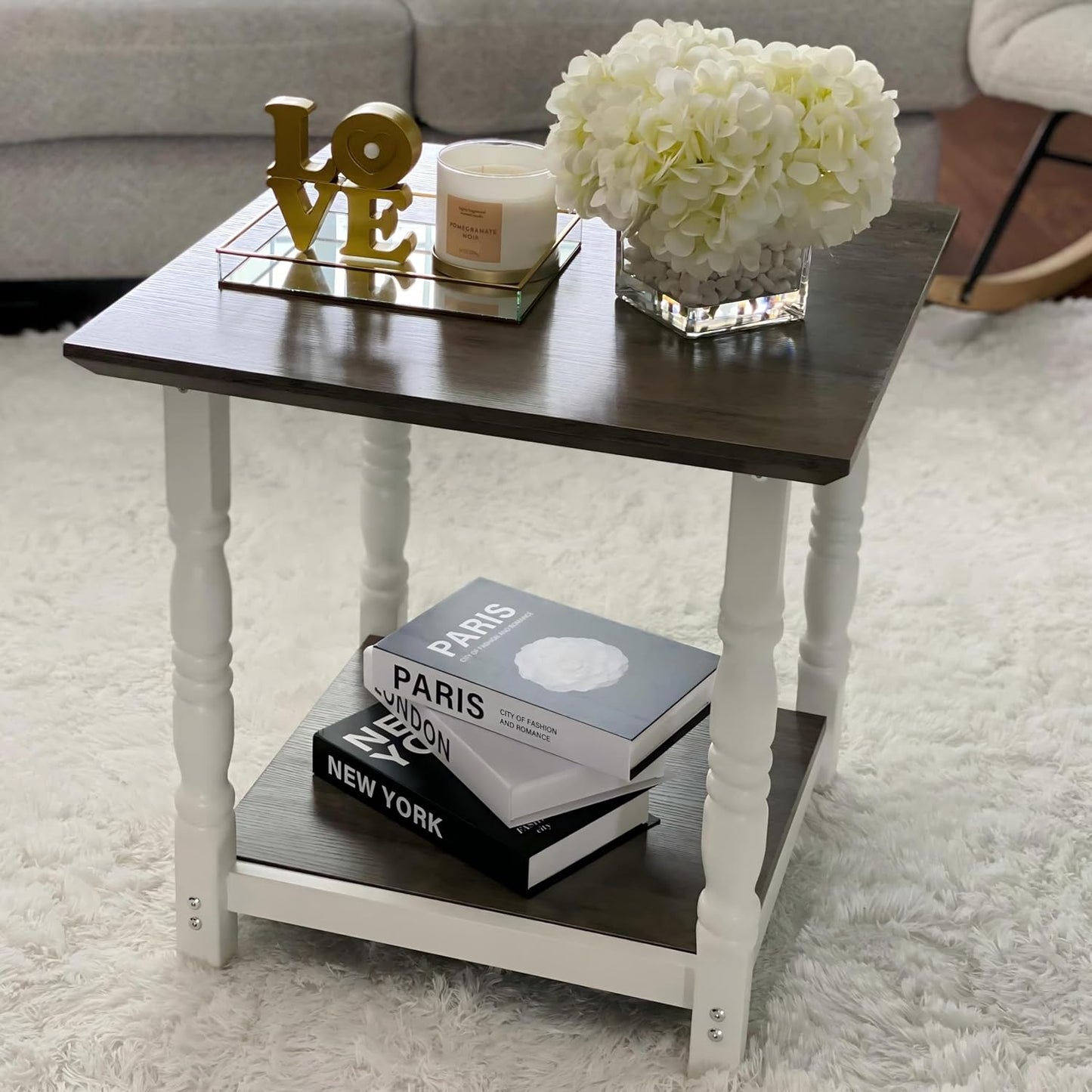 DWVO Farmhouse Square Coffee Table Set of 2, Antique Accent Side Table with Floor Shelf, 23.6"x 23.6" Living Room Furniture, Vintage Ivory & White