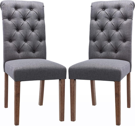 COLAMY Button Tufted Dining Chairs Set of 2, Parsons Upholstered Fabric Dining Room Chairs Kitchen Chairs with Wood Legs and Padded Seat, Dark Grey
