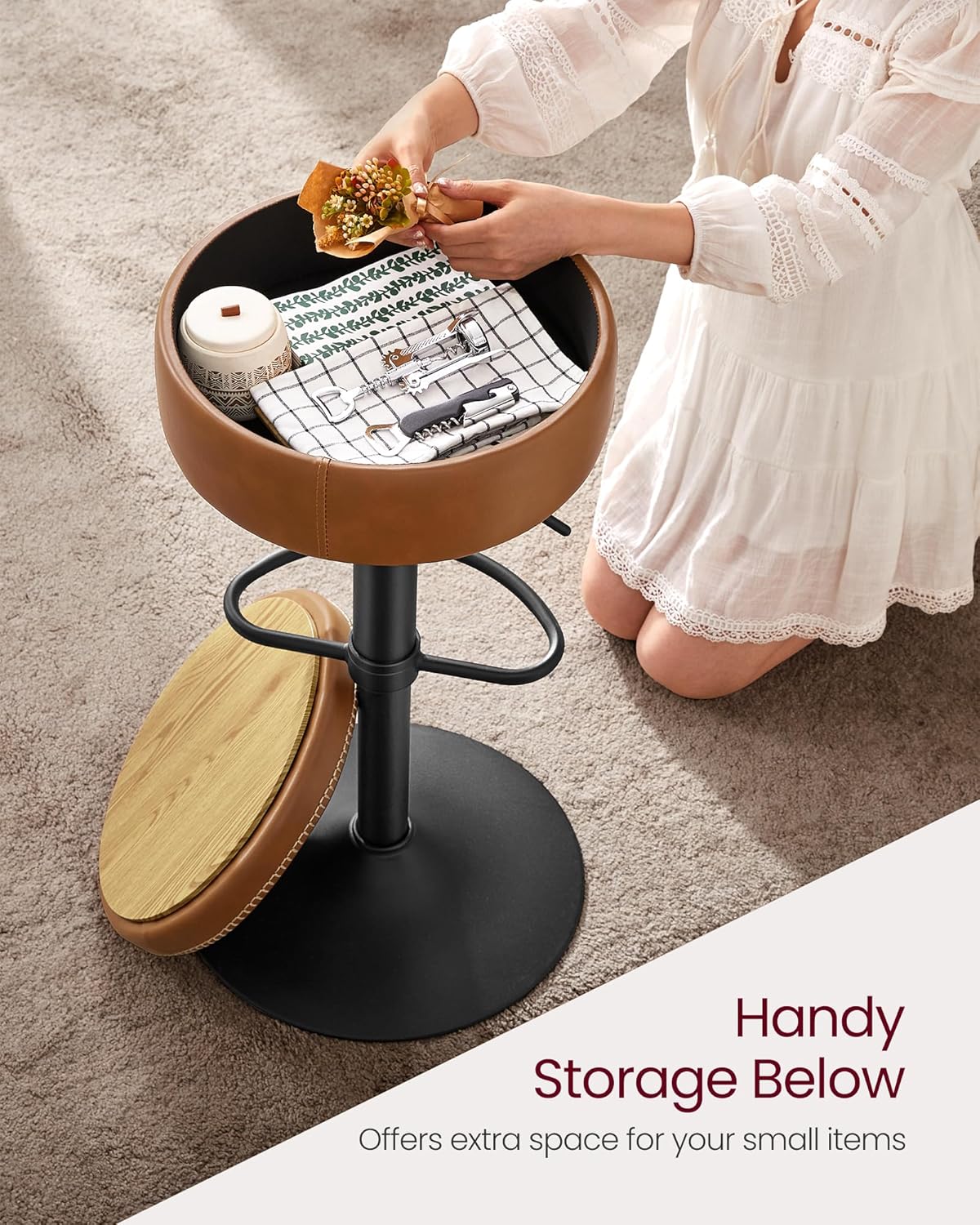 VASAGLE EKHO Collection - 360° Swivel Bar Stools Set of 2, Height Adjustable Barstools with Storage, Synthetic Leather with Stitching, Mid-Century Modern, Kitchen Bar, Easy Assembly, Caramel Brown