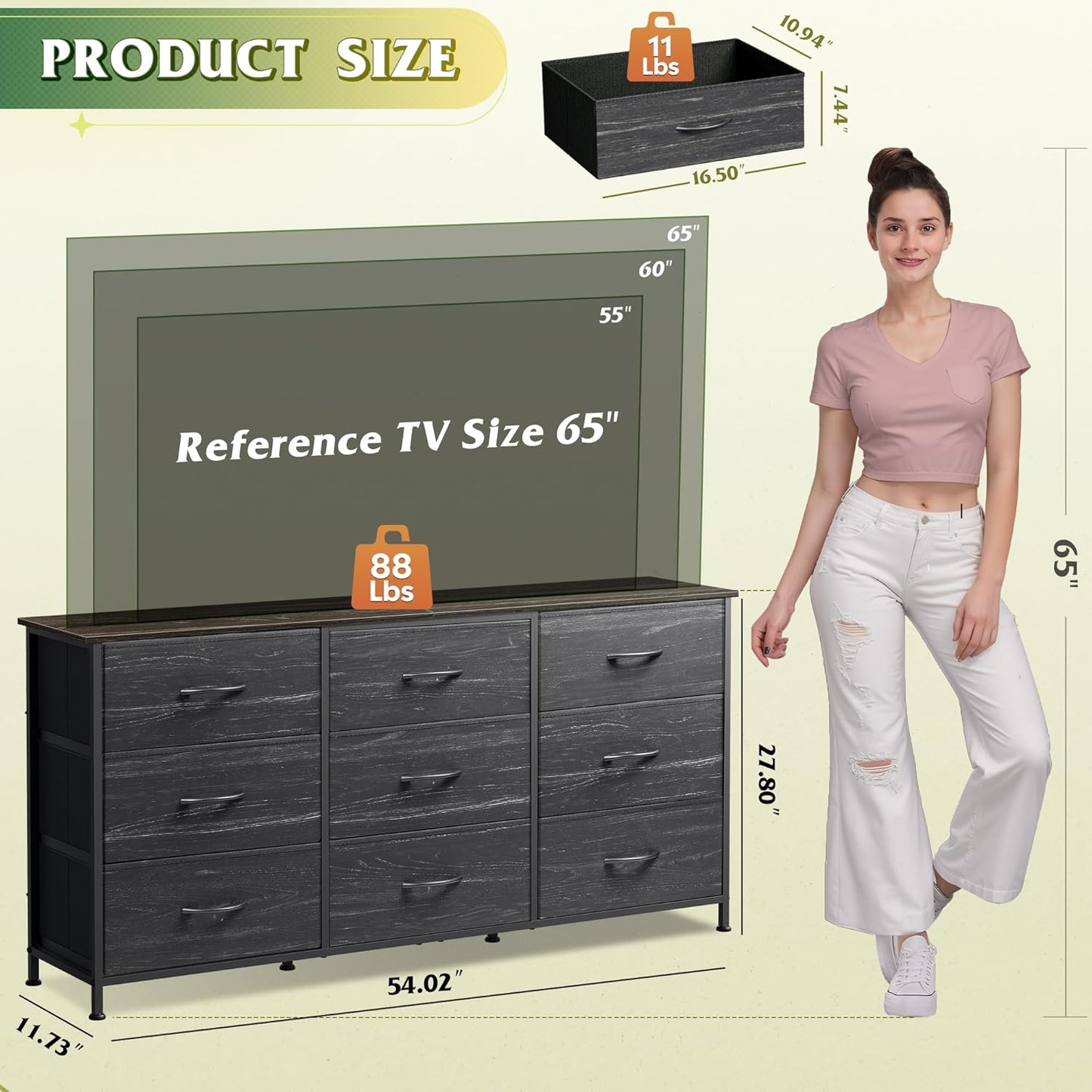 WLIVE 54''W Dresser for Bedroom, Black Dresser TV Stand for 55, 60, 65 inch TV, Wide Chest of Drawers with 9 Drawer, Large Entertainment Center, Fabric Dressers with Wood Top for Closet, Living Room