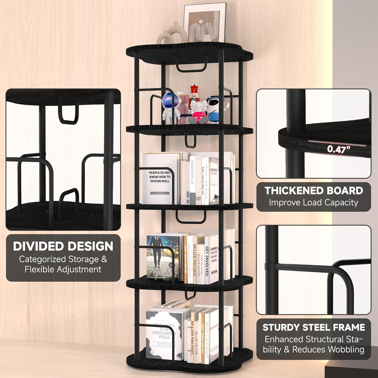 4-Tier Rotating Book Shelf, 360° Display Spinning Bookshelf Tower, Book Organizer, Floor Standing Bookcases for Small Space, Corner Book Shelf for Bedroom, Living Room, Study Room (Black)