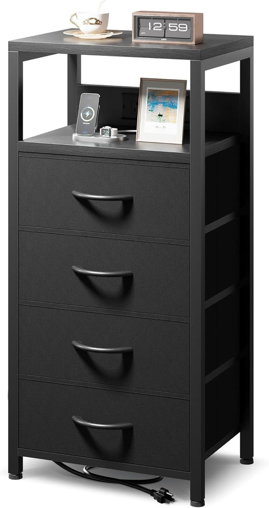 NightStand Bedside Charging Table Bedroom - Black Night Stand with Charger Station, Modern Bed Side End Table with Open Shelf & 4 Fabric Drawers, USB-C USB Ports & AC Outlets for Dorm Living Room