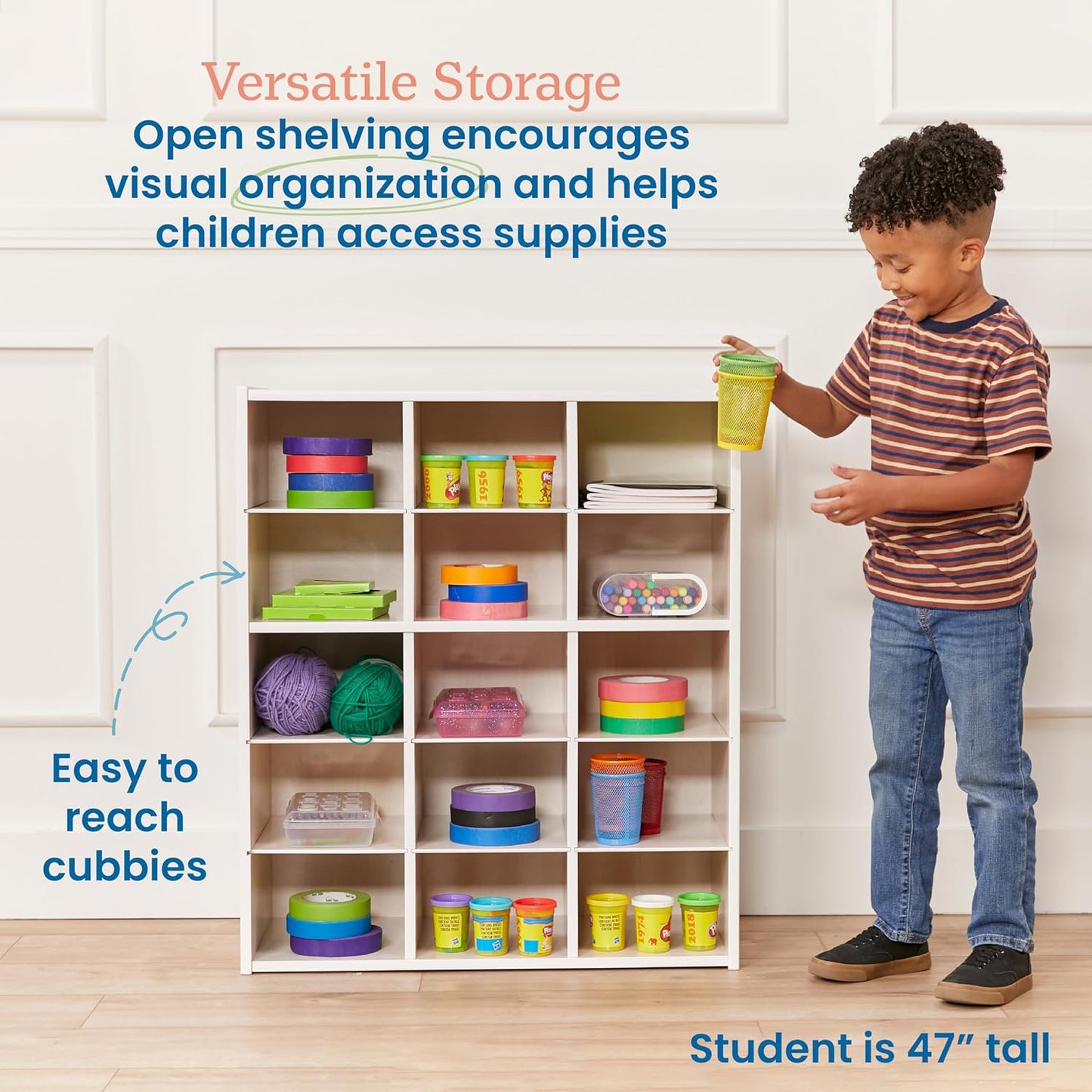 ECR4Kids Streamline 15 Cubby Tray Storage Cabinet, 5x3, Classroom Furniture, White Wash