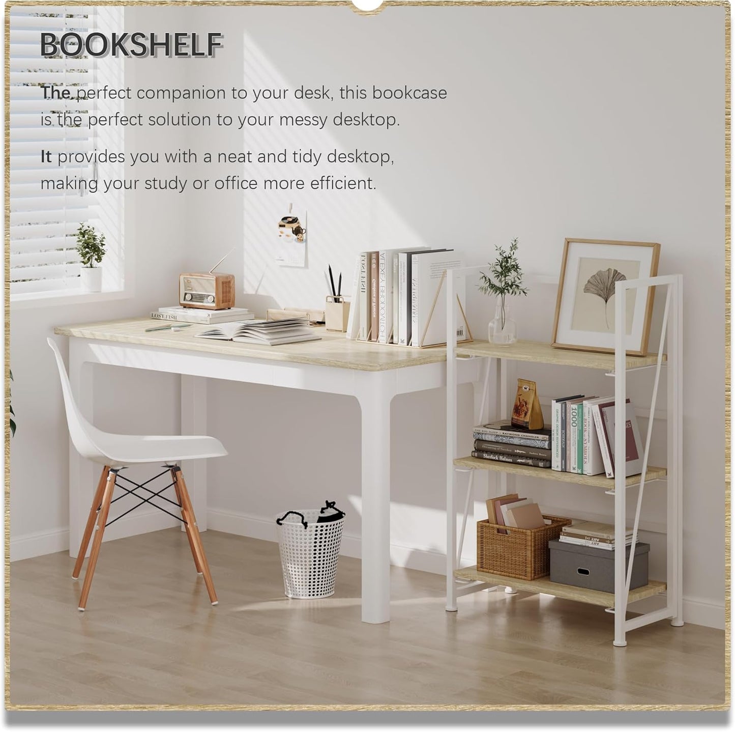 4NM No-Assembly Folding Bookshelf Storage Shelves 3 Tiers Vintage Bookcase Standing Racks Study Organizer Home Office (Natural White)