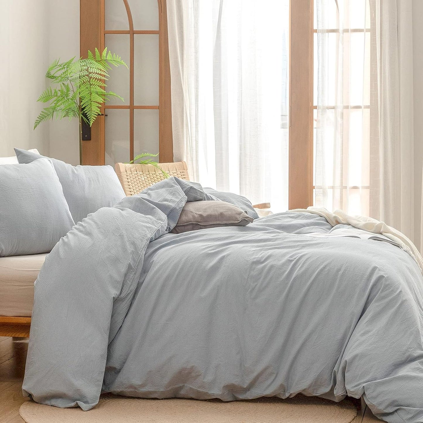 BESTOUCH Duvet Cover Set 100% Washed Cotton Linen Feel Super Soft Comfortable Chic Lightweight 3 PCs Home Bedding Set Solid Cornflower Blue Oversized Queen