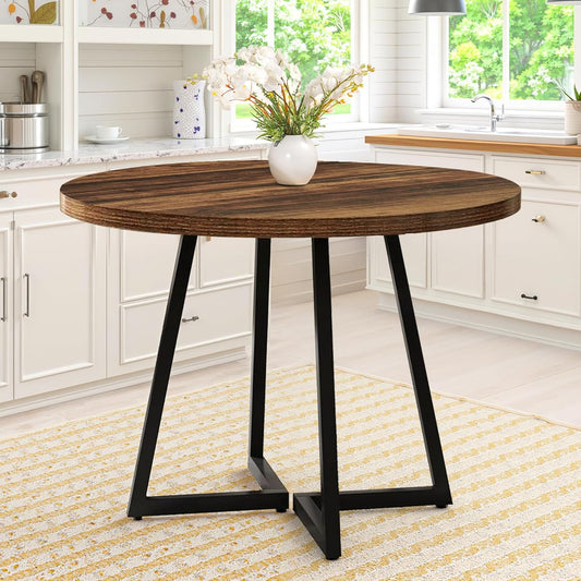 Round Dining Table for 4, 31.5-Inch Farmhouse Dinner Table Wooden Circle Kitchen Tables with Metal Base for Dining Room, Kitchen, Living Room, Brown