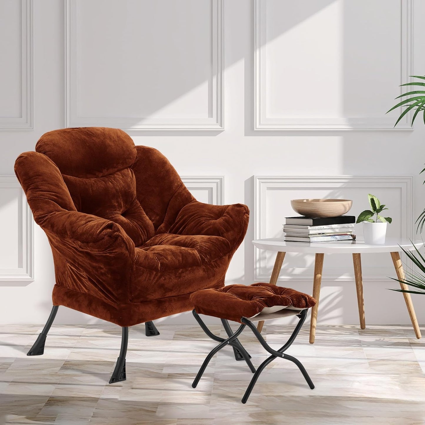 Fabric Lazy Chair with Ottoman, Oversized Upholstered Sofa Chair for Adults, Plush Comfy Lounge Chair with Large Side Storage Pocket, Reading Chair for Living Room, Bedroom, Study Room, Brown