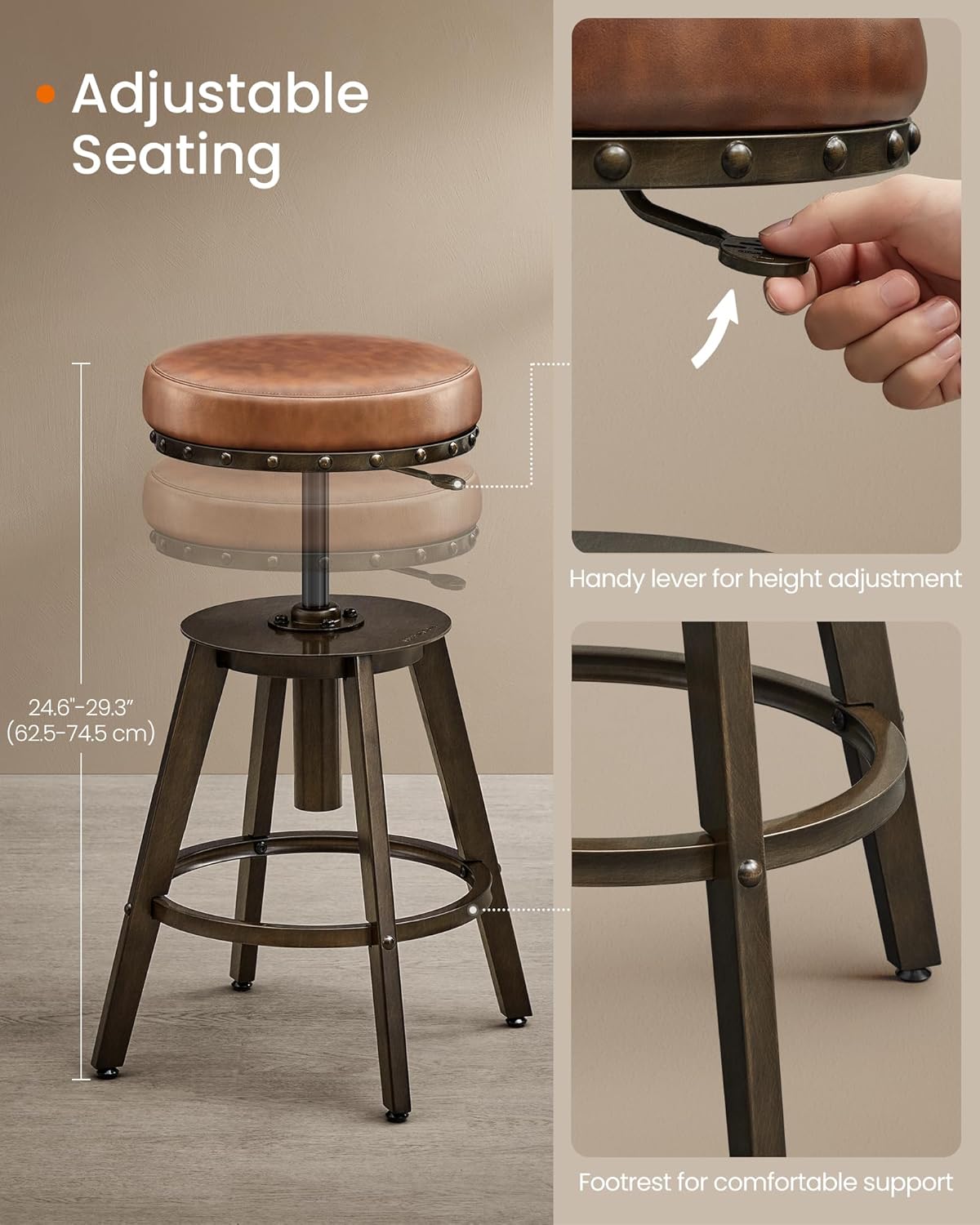 SONGMICS HOME Bar Stools, Set of 2, Steampunk Counter Stool for Kitchen, Adjustable Height and Swivel Padded Seat, Workbench Stool, 16.5 x 19.3 x 24.6-29.3 Inches, Caramel Brown ULJB096K01