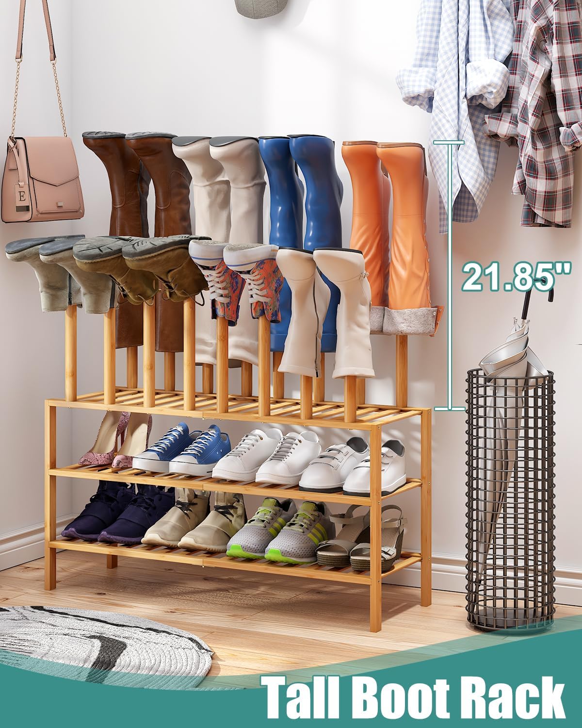 Boot Rack with Shoe Rack, Long Boot Rack Organizer Tall Boots for Closet, Bamboo Wood Shoe Shelf Storage Organizer for Entryway Small Space