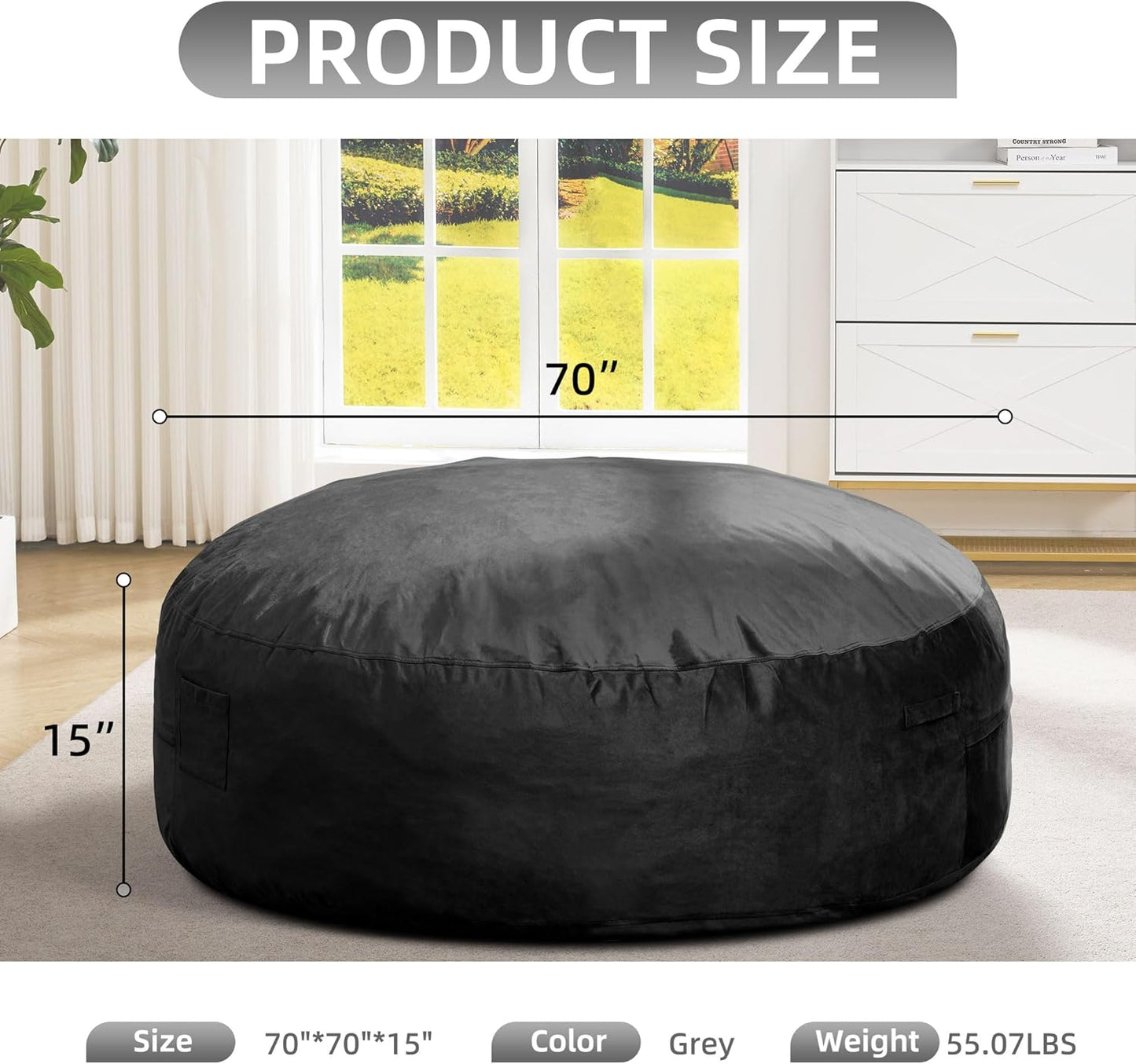 Hobestluk 6FT Bean Bag Chair Bean Bag Chairs for Adults Giant Bean Chairs with Velvet Cover, Memory Foam BeanBag Chair Fluffy BeanBag Chairs for Living Room, Bedroom- Black (70" x 70" x 15")