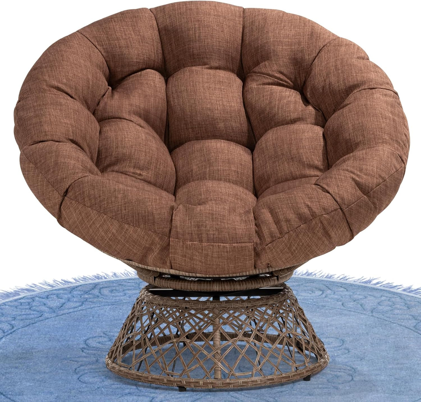 Bme 40" Ergonomic Wicker Papasan Chair with Soft Thick Density Fabric Cushion, High Capacity Steel Frame, 360 Degree Swivel for Living, Bedroom, Reading Room, Lounge, Cinnamon Mocha - Brown Base
