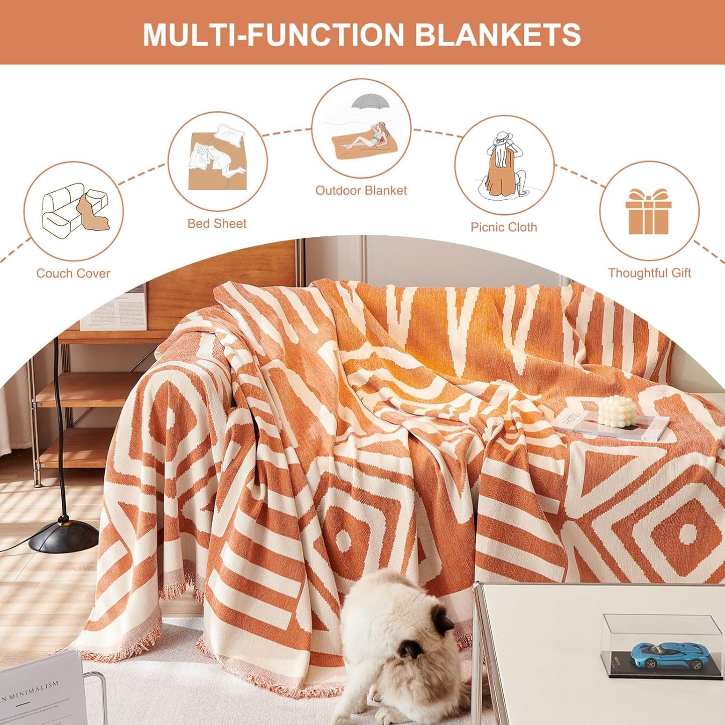 STACYPIK Reversible Caramel Sofa Cover Boho Triangle Couch Covers Non Slip Multi-use Furniture Protector for 2 Cushion Couch Jacquard Sofa Slipcovers Loveseat Couch Cover for Dog Pet-Friendly-71X118IN