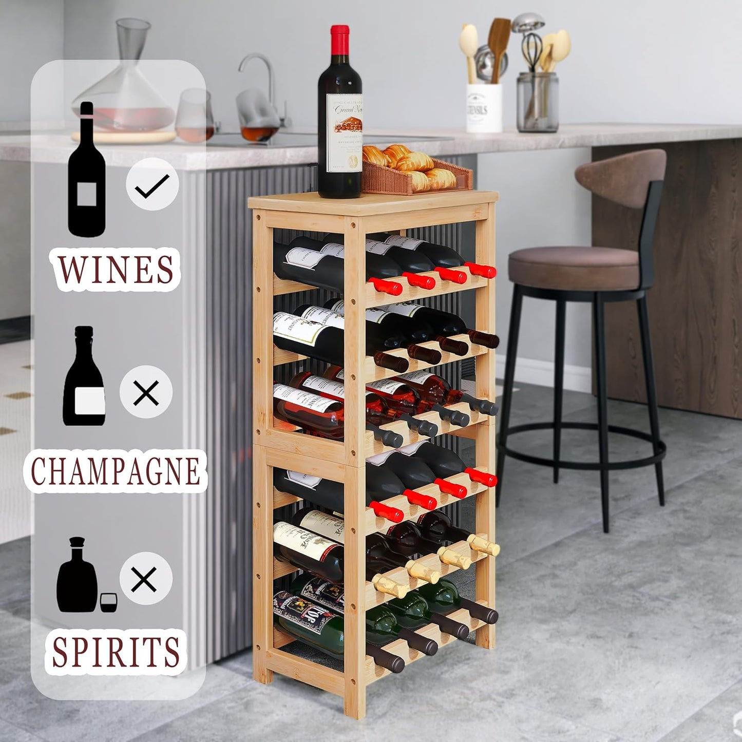 24 Bottles Floor Wine Rack with Tabletop, 6 Tier Bamboo Wine Display Storage Shelves, Wave Bars Freestanding Wine Bottle Organizer Shelf for Kitchen Pantry Cellar, Natural
