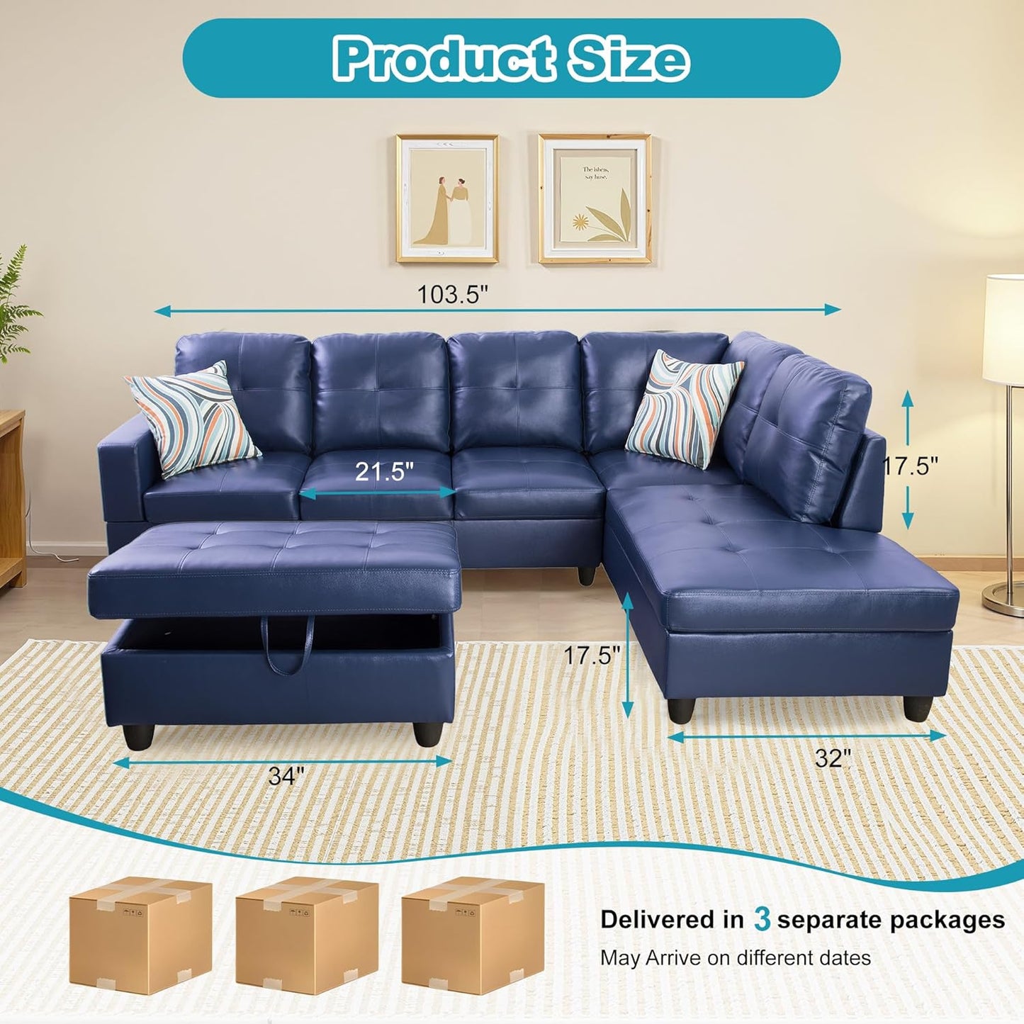 Couches for Living Room PU Leather L Shaped Couch Comfy 3 Pieces Sectional Sofa with Chaise, Ottoman with Storage for Office and Small Apartment, Blue