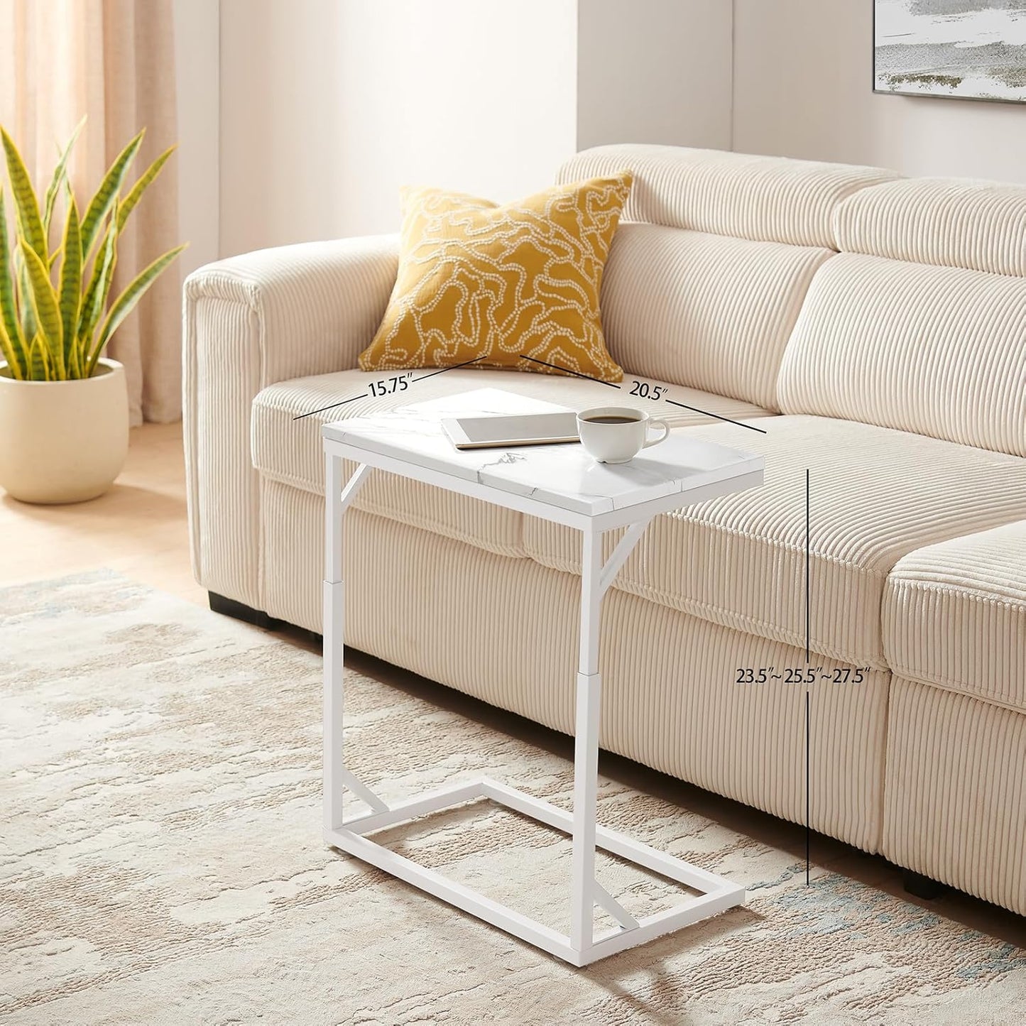 C-Shaped End Table, Small Sofa Table with Metal Frame, Adjustable Height Side Table for Couch, Living Room, Bedroom, Bedside (Silver, Medium)