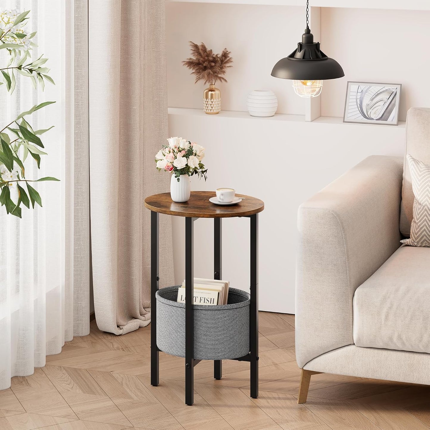 Vagusicc Round Side Table End Table with Storage Basket, Small Side Table Round Nightstand for Small Spaces, Tall Oval End Table with Steel Frame, Coffee Bedside Table for Living Room, Rustic Brown
