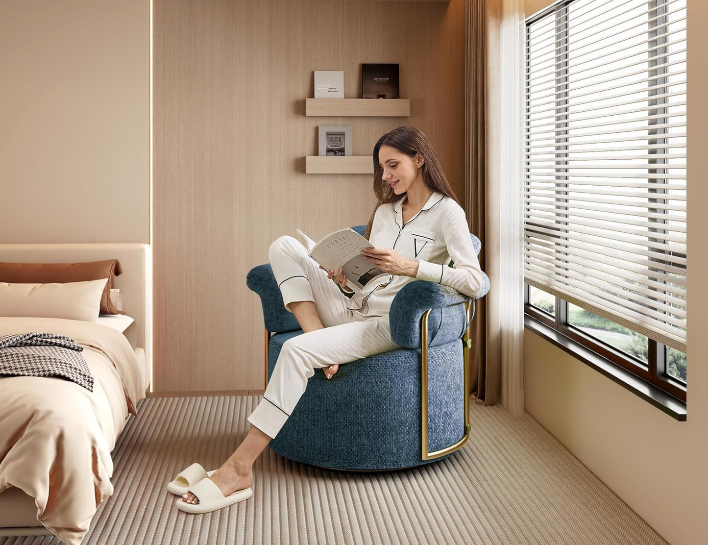 KEIKI Modern Comfy Swivel Accent Reading Chair, 360°Round Upholstered Barrel Armchair Single Club Lounge Sofa Chairs for Living Room,Bedroom, Office,Blue