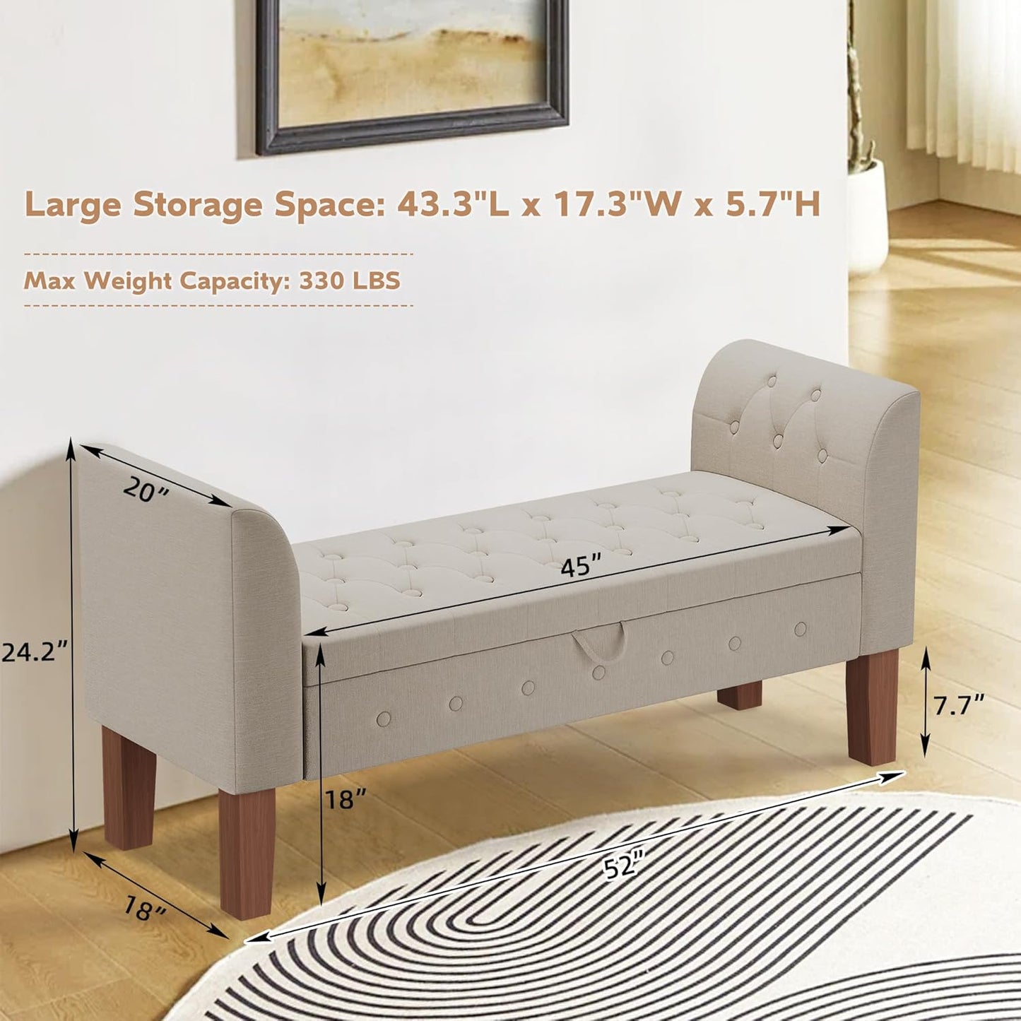 Awonde Upholstered Storage Bench with Arms Ottoman Bench for Bedroom Entryway Living Room Khaki