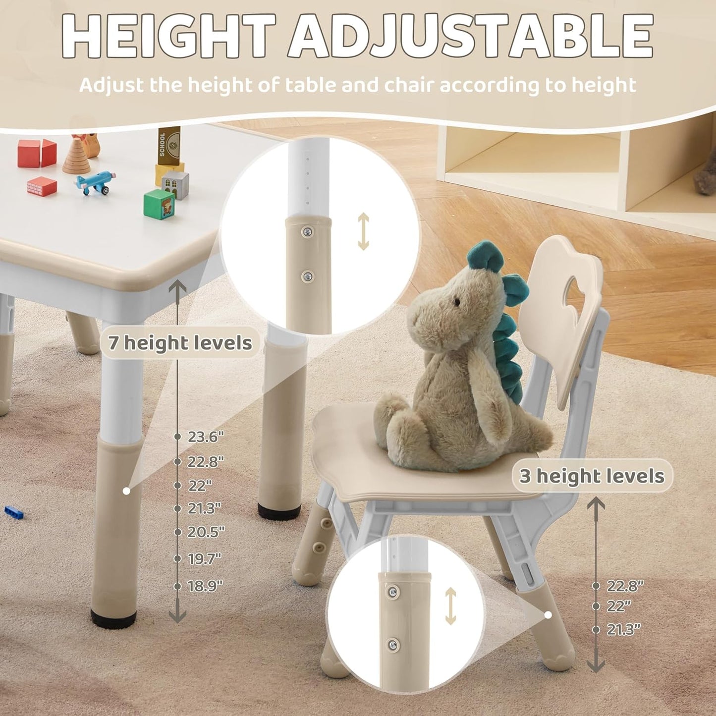 Adjustable Kids Table & Chairs Set for Ages 3-8 | 31.5"x23.6" Easy-Clean Activity Table | Meets ASTM/CPSC Standards for Daycare, Homeschool & Playroom (Natural, 4 Chairs)