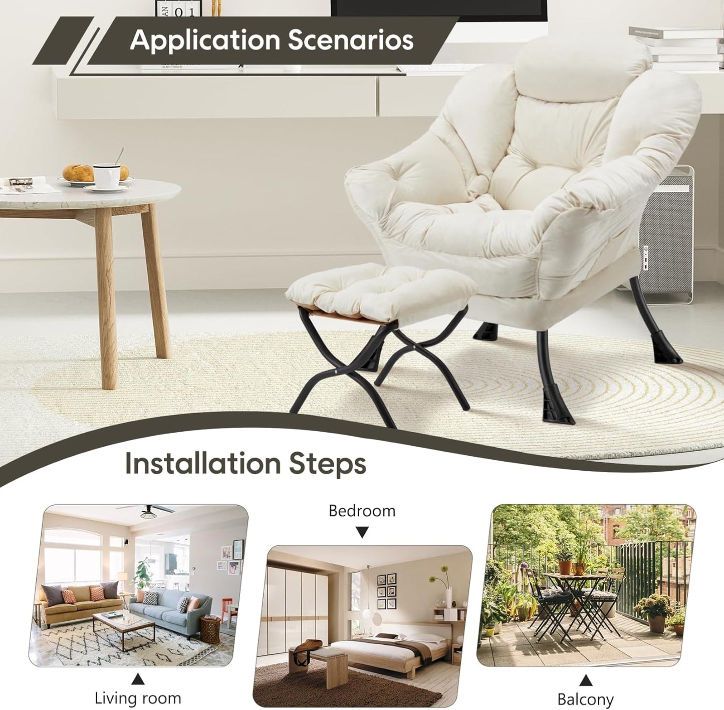 Lazy Chair with Folding Ottoman Modern Large Accent Chair,Contemporary Lounge Leisure Sofa Chair with Armrests Upholstered Sofa Armchair Reading Chair for Bedroom,Dorm & Office (Beige-f)