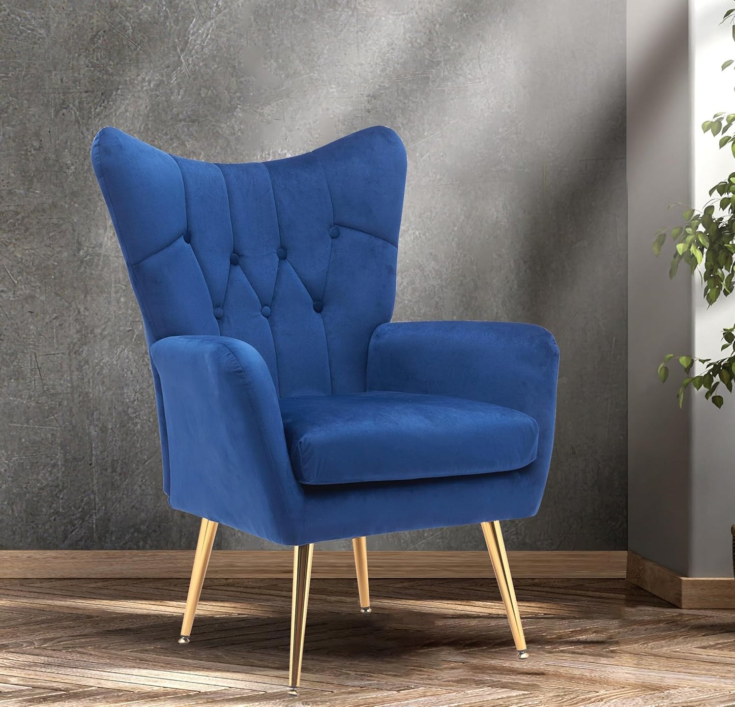 Container Furniture Direct Modern Chic Mid-Century Velvet Accent Armchair for Living Room, Bedroom, or Home Office, Button-Tufted Wingback Design with Gold Flared Legs, Navy Blue